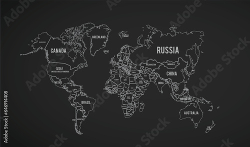 World map with country borders with names, thin black outline on white background 