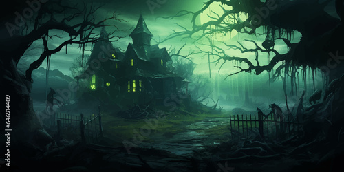 Wooden Haunted house and full moon. Spooky Old Haunted house in spooky dark forest. Haunted house in the night forest. Moonlight. Witch's house. Mystical. Halloween scene. Halloween concept Vector art