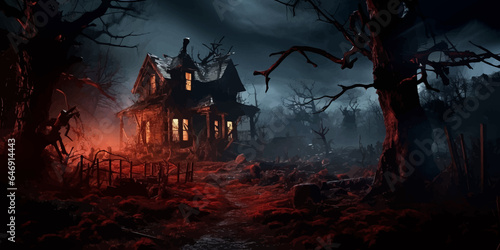 Wooden Haunted house and full moon. Spooky Old Haunted house in spooky dark forest. Haunted house in the night forest. Moonlight. Witch's house. Mystical. Halloween scene. Halloween concept Vector art