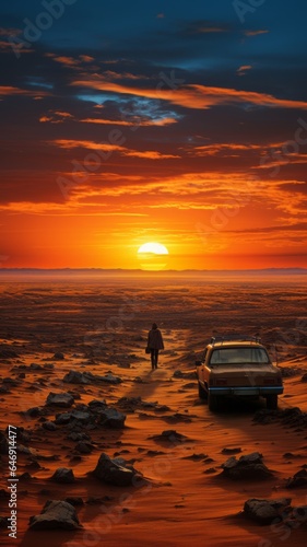 woman walking in a desert, leaving her suitcases aside at sunset