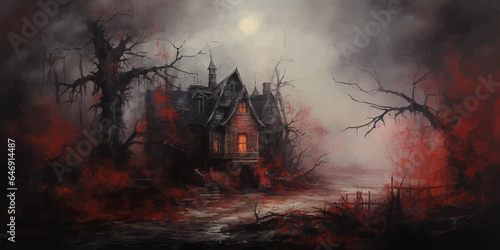 Wooden Haunted house and full moon. Spooky Old Haunted house in spooky dark forest. Haunted house in the night forest. Moonlight. Witch s house. Mystical. Halloween scene. Halloween concept Vector art