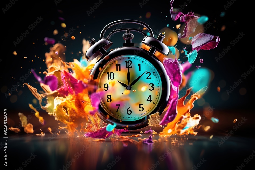 Clock standing on black table. Alarm clock rings at 10 am and spews colorful splashes. - obrazy, fototapety, plakaty 