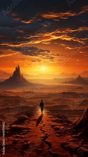 woman walking in a desert  leaving her suitcases aside at sunset