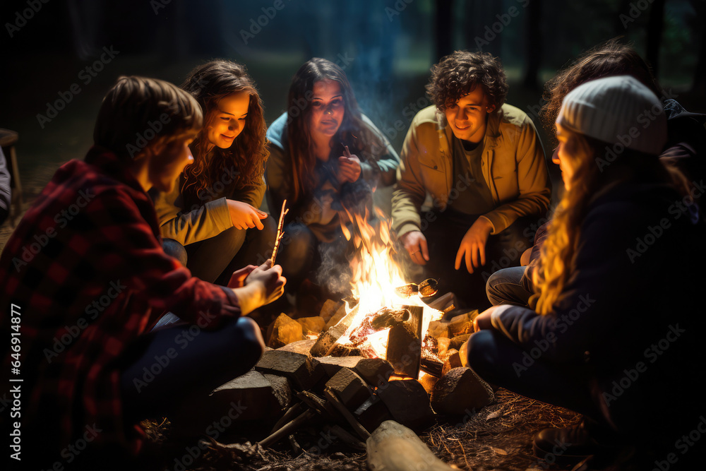 happy young people gathered around a campfire