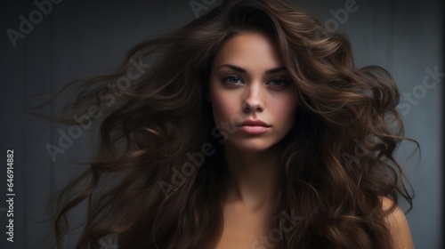 woman with long, curly brown hair, showcasing elegant beauty through her stylish fashion, flawless makeup, and expressive eyes in a closeup studio portrait