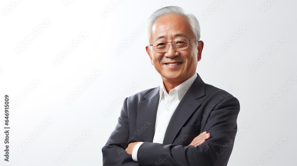 Portrait of a smiling mature asian businessman looking at camera on white background. generative ai Portrait of a smiling mature asian businessman looking at camera on white background. generative ai