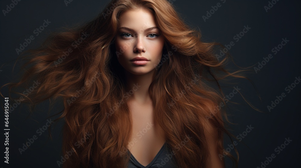 Portrait of a woman with wind in her hair in a studio for treatment, wellness, and beauty on a gray background. Salon, hairdresser, and a happy female model with healthy, natural hairstyles. Portrait of a woman with wind in her hair in a studio for treatment, wellness, and beauty on a gray background. Salon, hairdresser, and a happy female model with healthy, natural hairstyles.