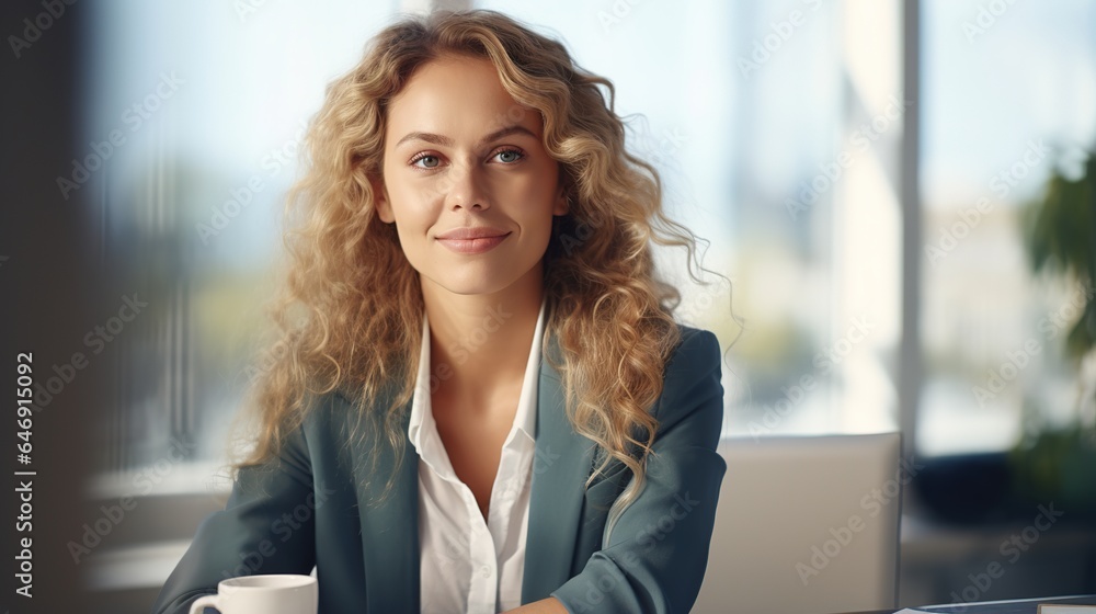 successful, happy, and confident businesswoman sits at her computer at her desk with a positive attitude. While working, a beautiful, healthy female entrepreneur or a creative, trustworthy boss smiles successful, happy, and confident businesswoman sits at her computer at her desk with a positive attitude. While working, a beautiful, healthy female entrepreneur or a creative, trustworthy boss smiles