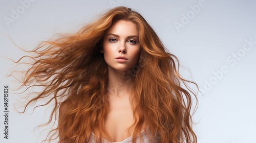 Portrait of a woman with wind in her hair in a studio for treatment, wellness, and beauty on a gray background. Salon, hairdresser, and a happy female model with healthy, natural hairstyles. 