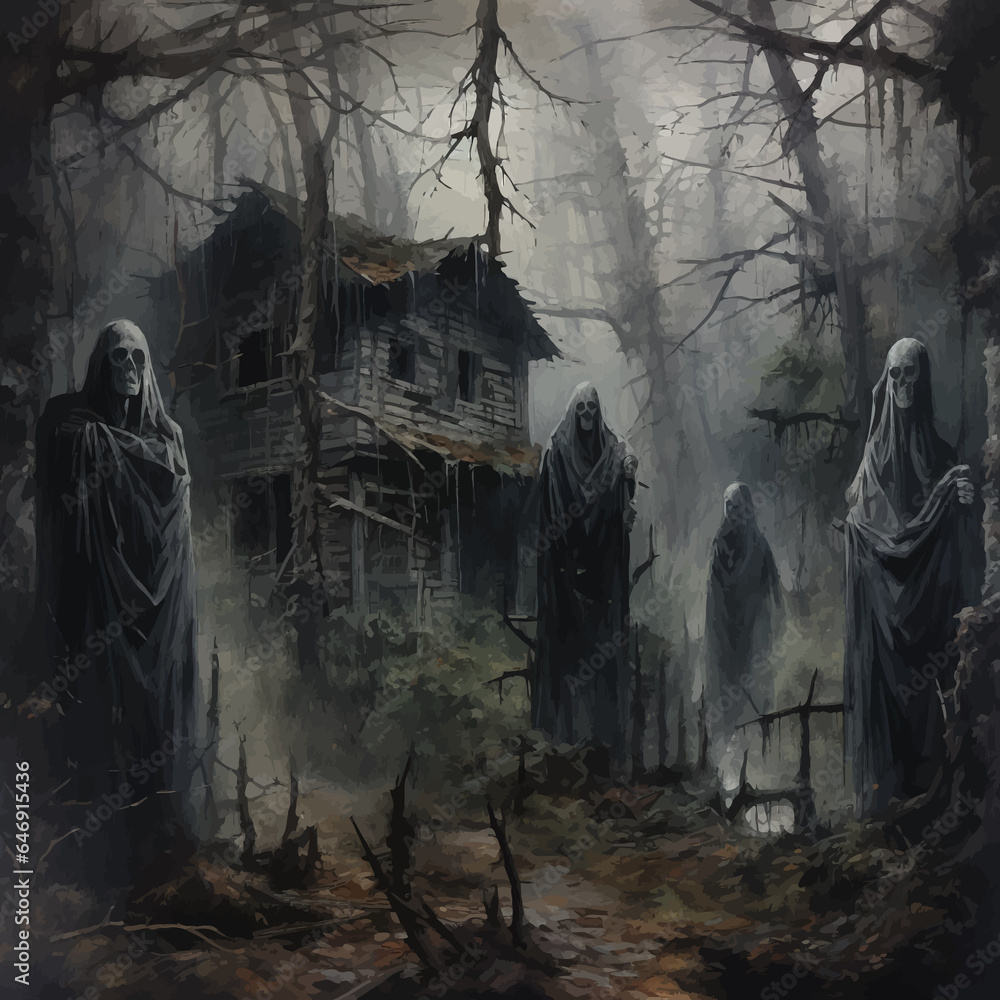Wooden Haunted house and people. Spooky Old Haunted house in spooky dark forest. Haunted house in the night forest. Moonlight. Witch's house. Mystical. Halloween scene. Halloween concept. Vector art