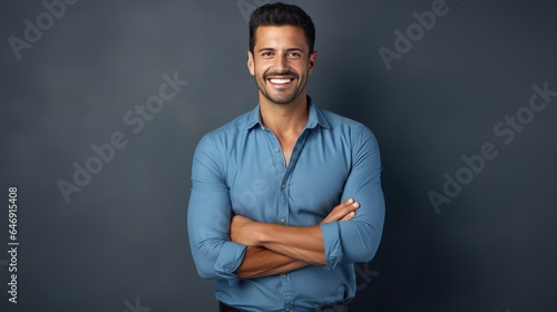 portrait of a handsome and confident young man posing against a gray background 