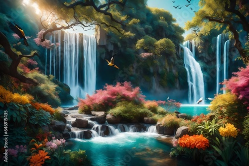 3d mural colorful landscape . flowers branches multi colors with trees and water . Waterfall and flying birds . suitable for print