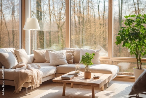 cosy interior living room contemporary white bright color scheme creative ideas concept with nature garden forest tree window background beautiful house background © VERTEX SPACE