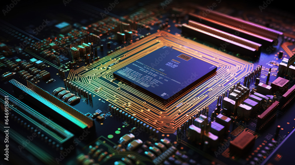 Obraz premium complicated colorful electronics circuit board with processor showing circuit tracks. Electronics Circuit. Generative AI.
