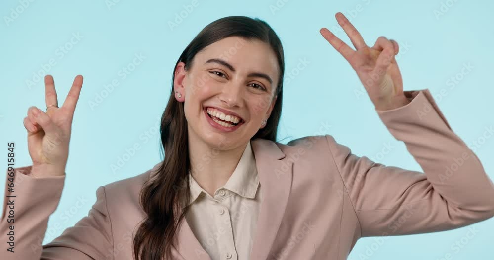 Face, business and woman with peace sign, support and career on a blue studio background. Portrait, person and employee with v gesture, emoji and Canada with professional style, icon and feedback Face, business and woman with peace sign, support and career on a blue studio background. Portrait, person and employee with v gesture, emoji and Canada with professional style, icon and feedback