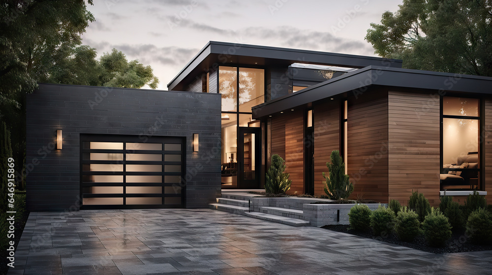 black modern house exterior, wood, luxury house, generative ai