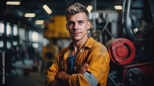 In a factory, young man, engineering or construction industry professional wears a uniform. 