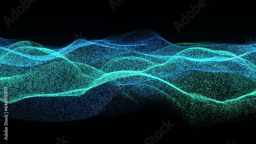 concept wave particles abstract background of technology and information 3d animation. Can be used to represent internet big data science, energy spectrum or waveform of sound and music photo