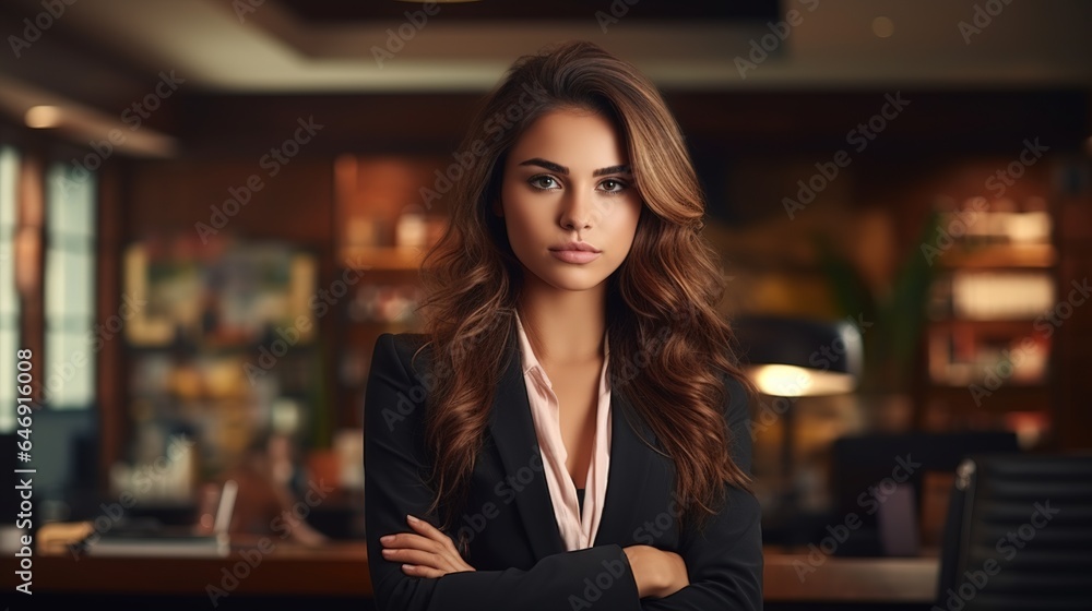 Young businesswoman standing with her arms crossed - obrazy, fototapety, plakaty 