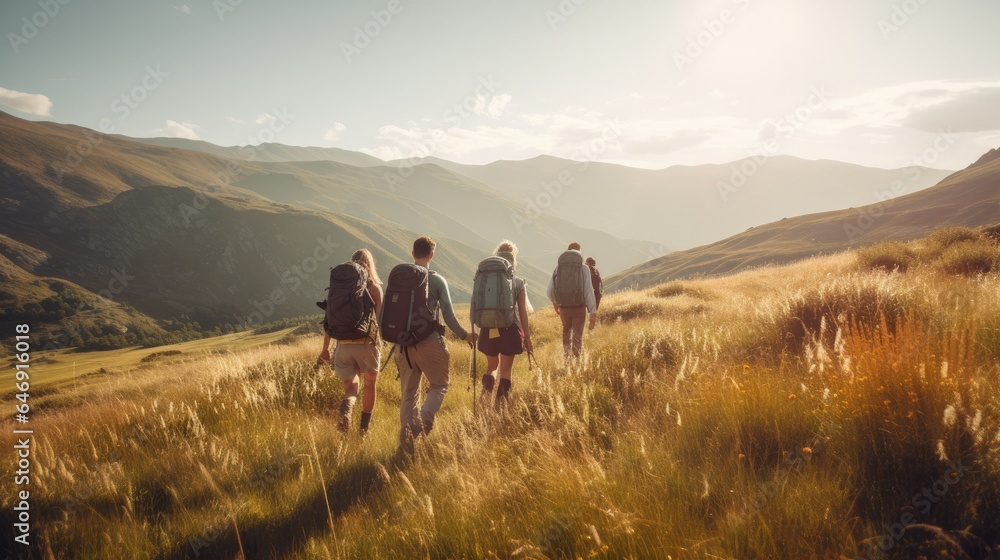 photo of a family and friends hiking together in the mountains in the vacation trip week. sweaty walking in the beautiful nature, travel, nature, adventure