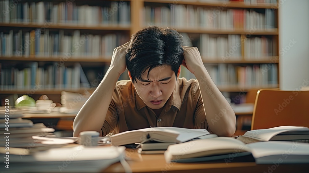 student man have anxiety because of exams, male prepare for test and learning lessons in the library. stress, despair, haste, misunderstanding reading, discouraged, expectation, knowledge, tired student man have anxiety because of exams, male prepare for test and learning lessons in the library. stress, despair, haste, misunderstanding reading, discouraged, expectation, knowledge, tired
