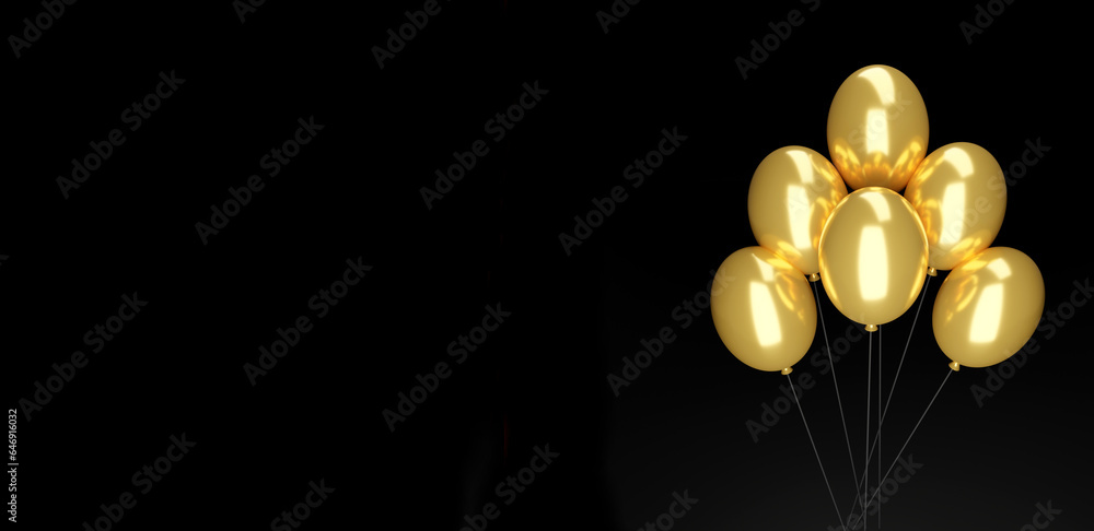 Złote balony na czarnym tle baner - obrazy, fototapety, plakaty 