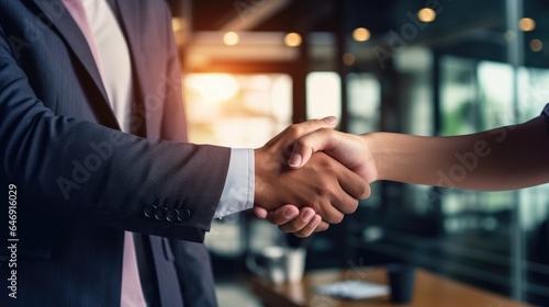 shaking hands and thank you handshake of a corporate worker in a office. Business deal, partnership and we are hiring gesture with a female hr manager ready for onboarding welcome with trust © pinkrabbit