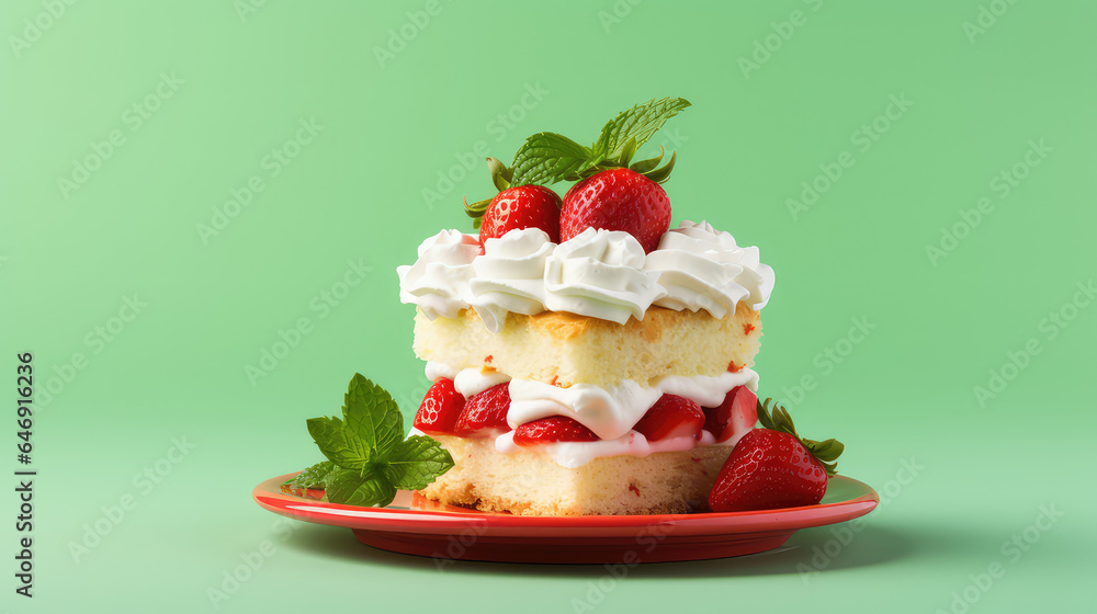 Strawberry shortcake, little sponge cake with ripe berries and whipped white cream. Isolated on flat green background with copy space. 