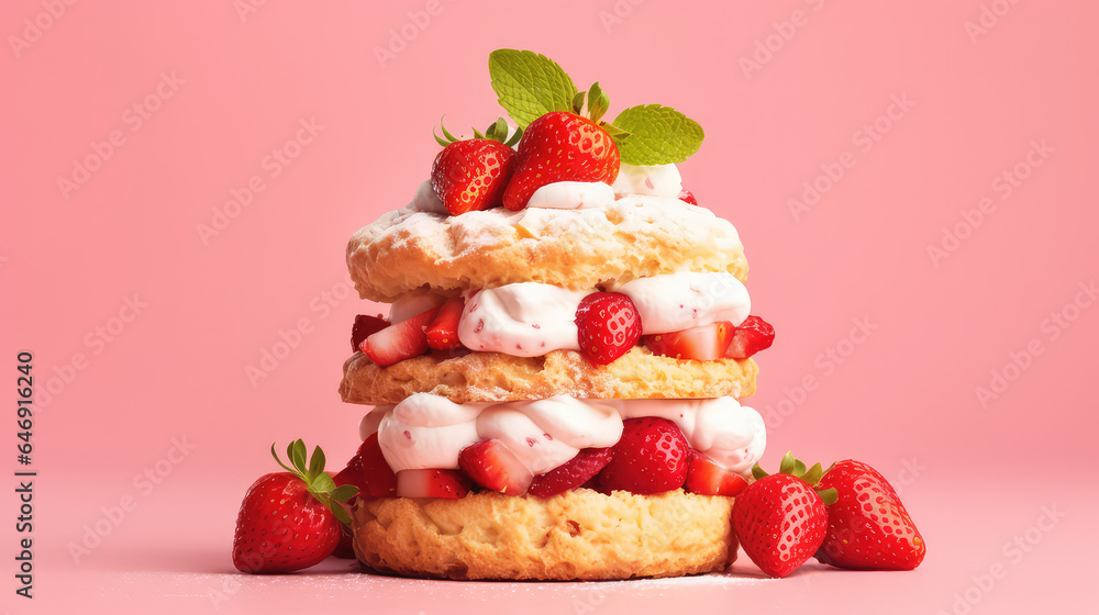 Strawberry shortcake, little sponge cake with ripe berries and whipped white cream. Isolated on flat pink background with copy space. Strawberry shortcake, little sponge cake with ripe berries and whipped white cream. Isolated on flat pink background with copy space.