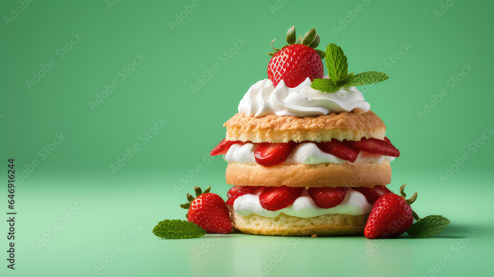 Strawberry shortcake, little sponge cake with ripe berries and whipped white cream. Isolated on flat green background with copy space. Strawberry shortcake, little sponge cake with ripe berries and whipped white cream. Isolated on flat green background with copy space.