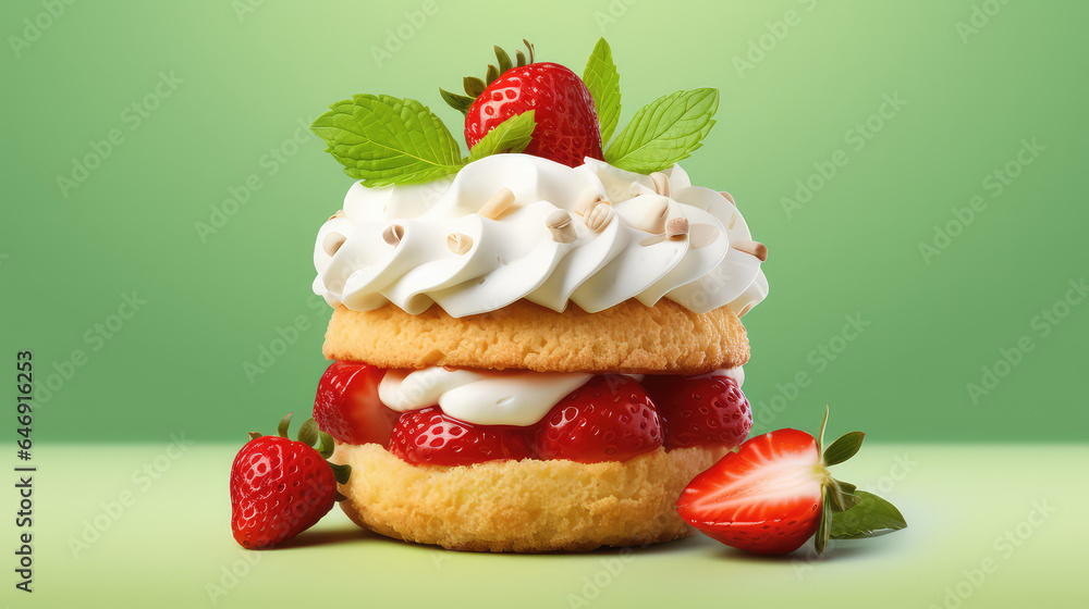 Strawberry shortcake, little sponge cake with ripe berries and whipped white cream. Isolated on flat green background with copy space. Strawberry shortcake, little sponge cake with ripe berries and whipped white cream. Isolated on flat green background with copy space.