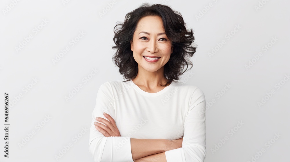 Senior Asian businesswoman stands with her arms crossed on white background, smiling. Senior Asian businesswoman stands with her arms crossed on white background, smiling.