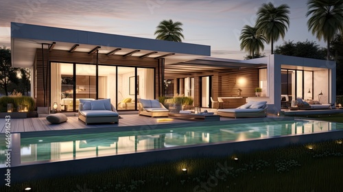 3d rendering of modern house by the river at evening, house, luxury, villa, modern, architecture, building, exterior, residential, property, designer