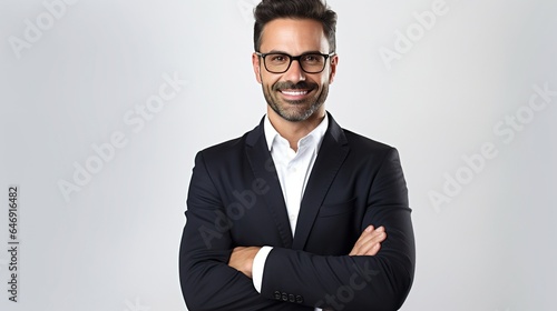 Happy businessman, handsome man standing with crossed arms looking at camera on white background. generative 