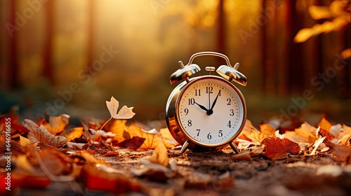 Concept, daylight saving time. Sommer time, winter time, changeover, switch of time. Sommer or winter time. Clock as a timer for celebrations. Autumnal forest and leaves.
