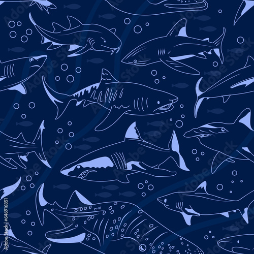 Shark vector seamless pattern. Square composition, endless marine preditor swatch. Underwater wallpaper design. Undersea textile print.