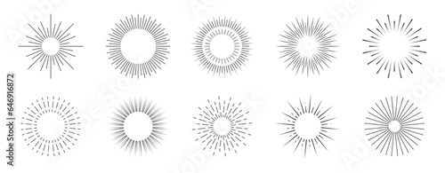 Sun ray set. Sunburst minimalistic collection. Vector sparkle ray. Decorative line sunlight.