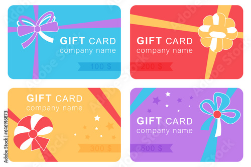 Gift card set. Colorful discount certificate template. Vector coupon voucher with bow and ribbon. Sale season concept.