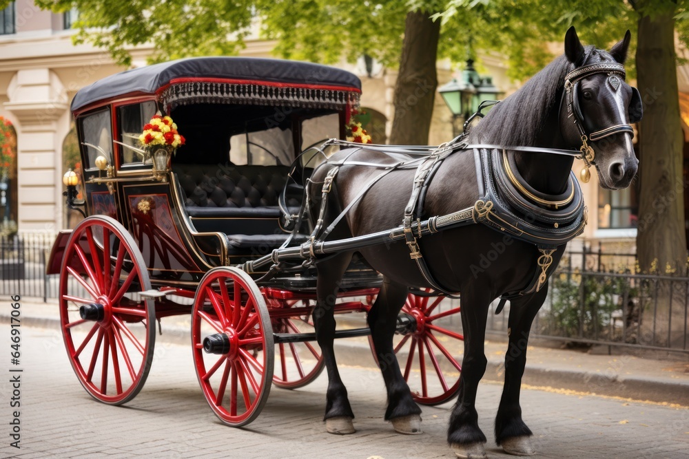a horse harnessed to a carriage;.
