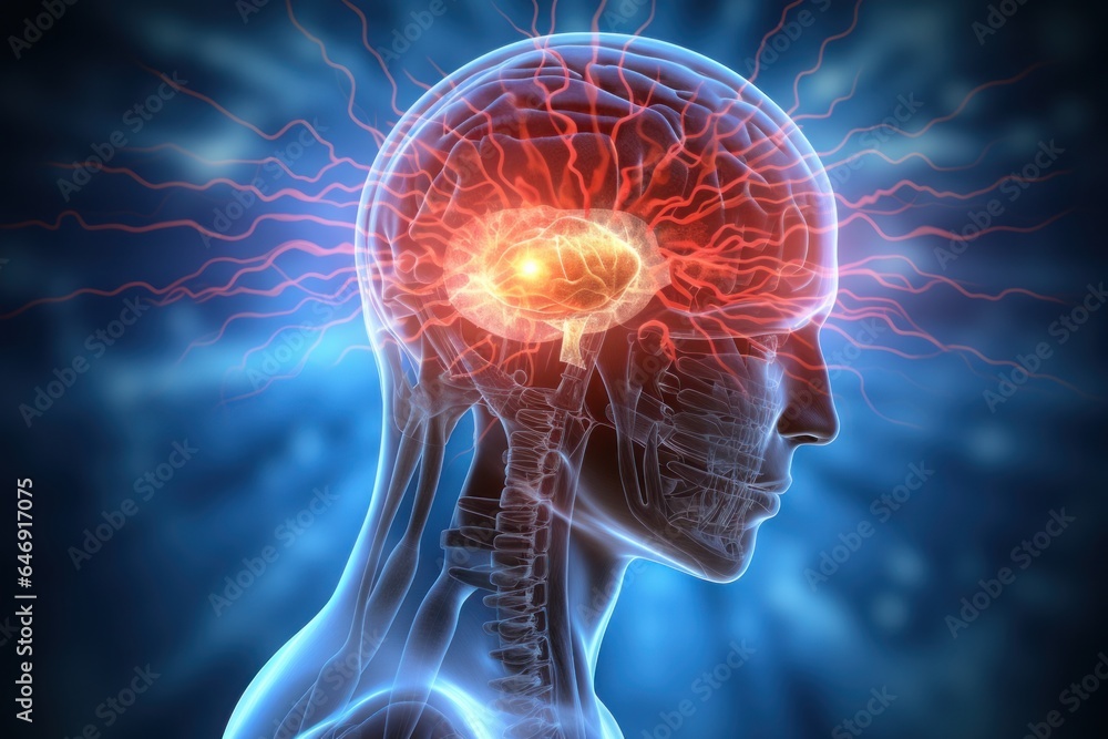 Silhouette of a man with a glowing brain. Silhouette of a man with a glowing brain.