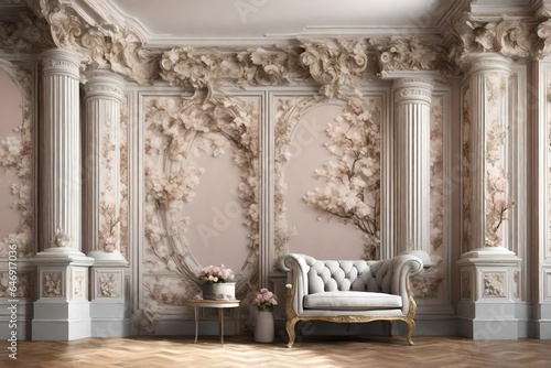 3d mural wallpaper Classic armchair in classic interior space.Walls with mouldings, ornate cornice Decorative columns and flowers © zooriii arts