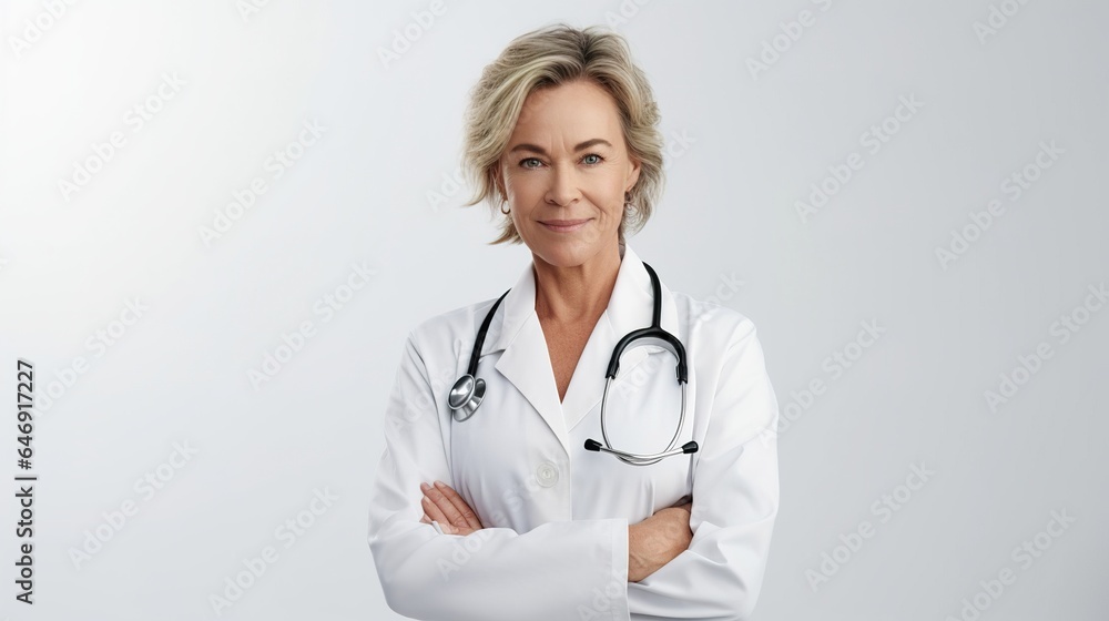 Portrait of a healthy, happy, and smiling doctor. with a white robe on. standing uniformly with hands crossed isolated on a white background. generative ai Portrait of a healthy, happy, and smiling doctor. with a white robe on. standing uniformly with hands crossed isolated on a white background. generative ai