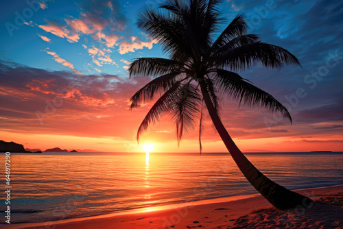 Silhouette of palm tree on the beach at beautiful sunset. © mila103