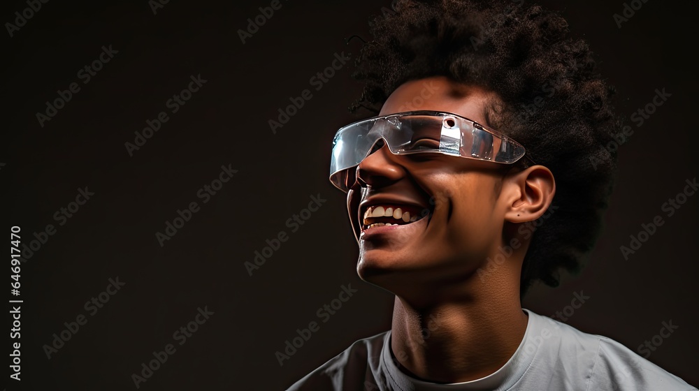 Model with VR glasses, displaying a triumphant smile after a successful science experiment, set against a brown background Model with VR glasses, displaying a triumphant smile after a successful science experiment, set against a brown background