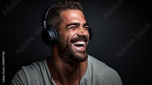 Model wearing headphones, laughing while listening to a podcast on vintage technology, set against a black background