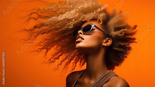 Model with wild hair, looking ecstatic about a new computer chip, set against an orange background.