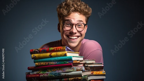 Nerdy model with a stack of comic books, grinning from ear to ear, set against a white background.