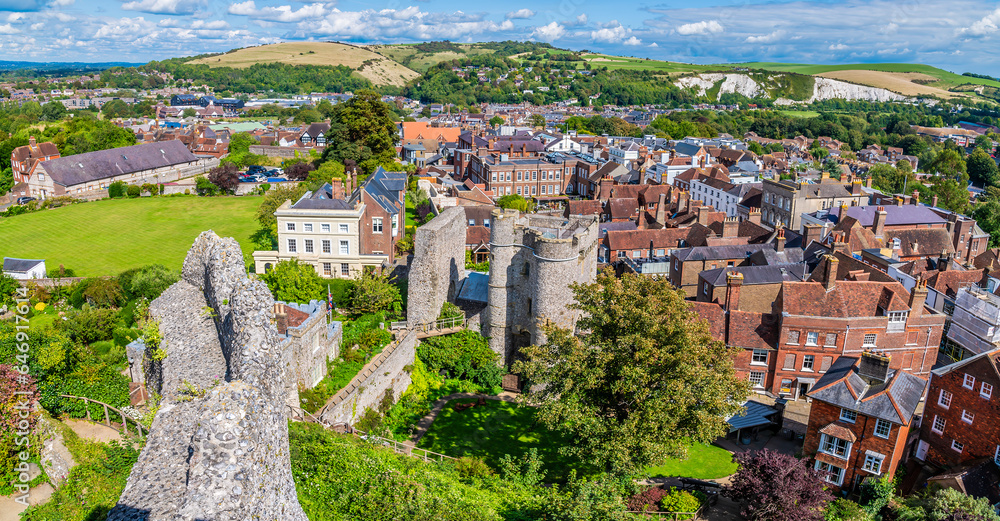 A view east over the castle grounds and High Street from the ramparts of the castle keep in Lewes, Sussex, UK in summertime