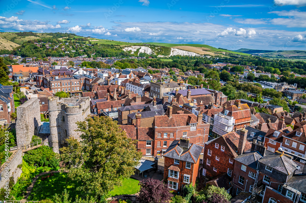 A view east over the High Street from the ramparts of the castle keep in Lewes, Sussex, UK in summertime
