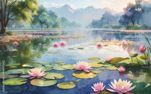 Beautiful watercolor landscape of pink lotus flowers growing on large green leaves in a lake with vegetation around and mountains in the background